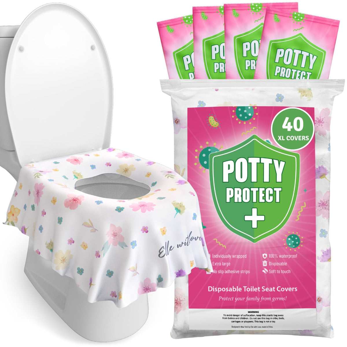 Eli with Love 40 Extra Large Disposable Toilet Seat Cover by Eli with Love – Toddler Toilet Covers for Full Coverage On Toilet or Potty – Ideal Travel Toilet Seat Covers for Kids and Adults (Floral)