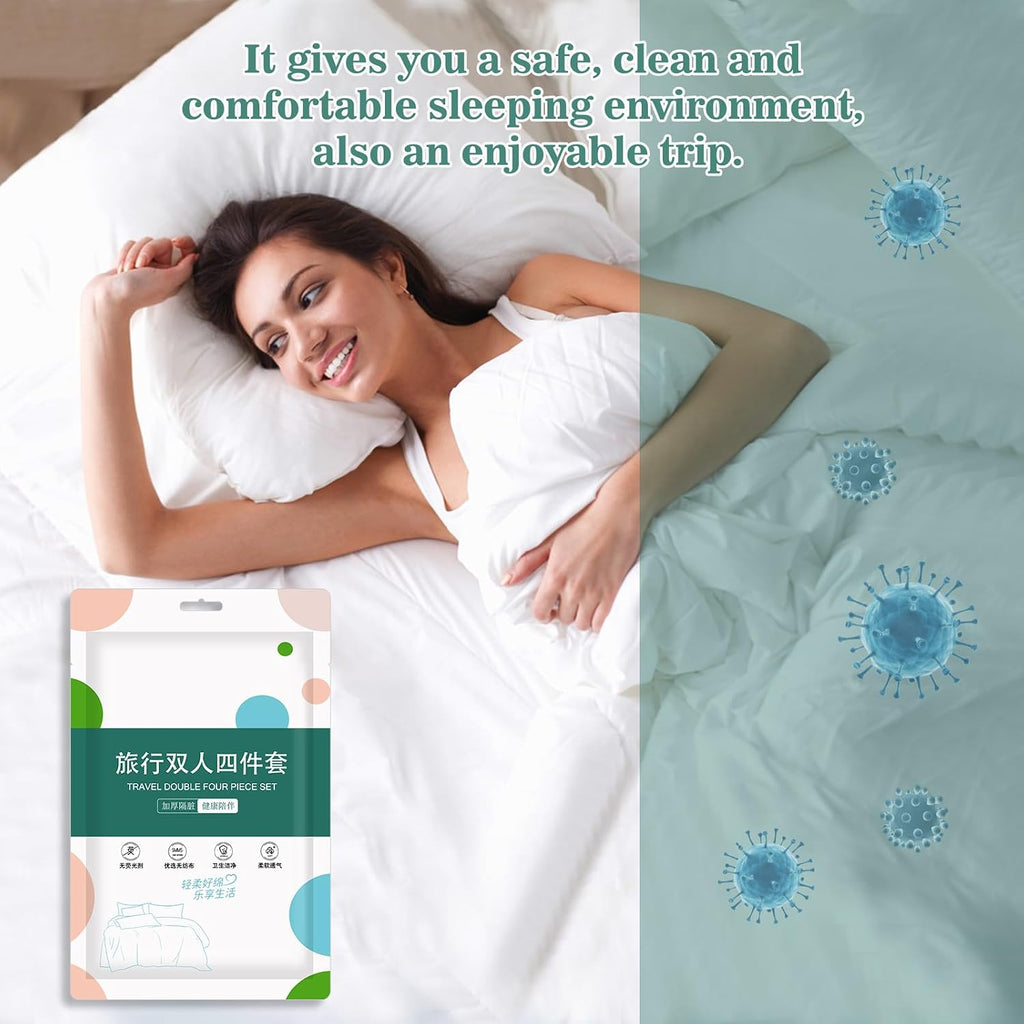 4 pcs Quality Disposable Travel Bedset Large Size Bed Linens including One Bedsheet, One Quilt Cover, Two Pillowcases, Portable Ready-to-Use Bedding Set Breathable for Holiday Trip Hotel Hospital