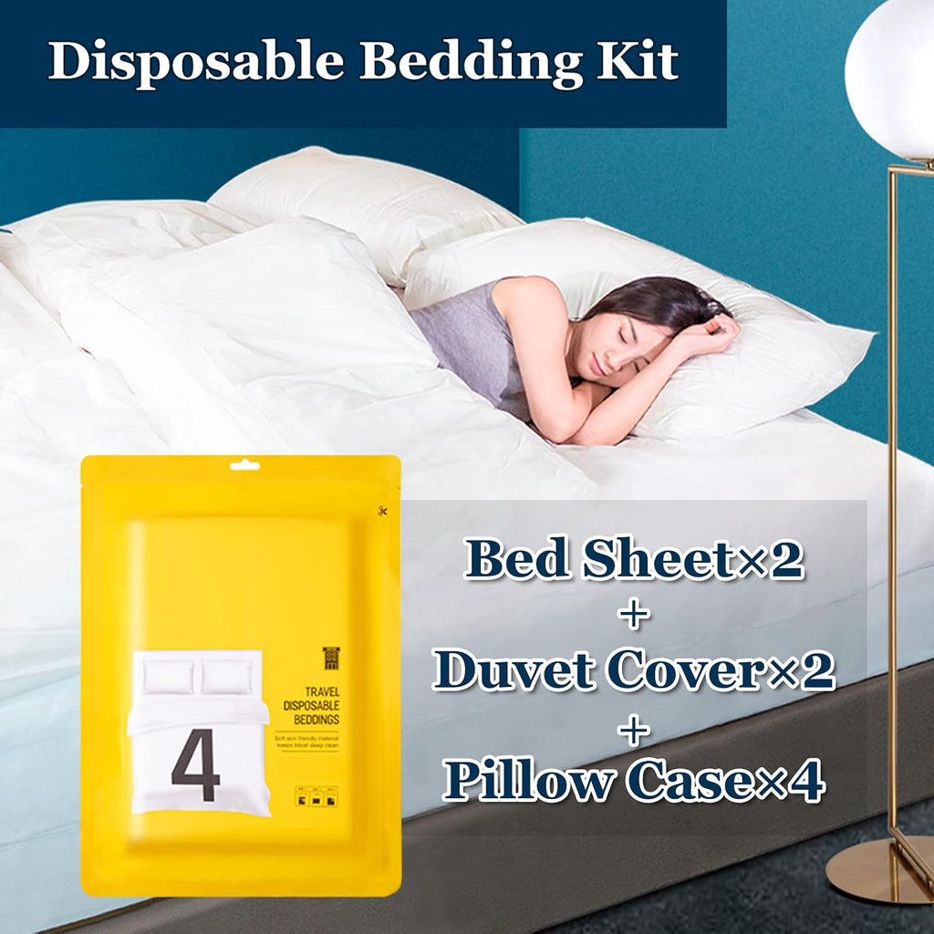 Extguds Disposable Travel Set : Bed Sheet×2+Duvet Cover×2+Pillow case×4+Bath Towels×4+Shower Caps×4+Plastic Bathtub Bag×4+Toilet Seat Covers×4+Compression face Towel×16+Toothbrushes×4+Slippers×4
