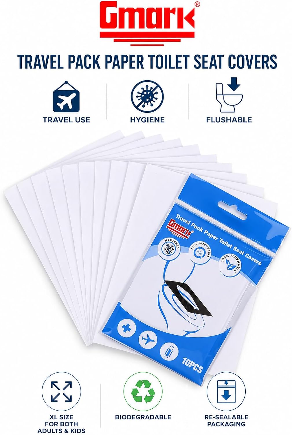 Gmark XL Flushable Toilet Seat Covers (100 Count) – Thick No-Tear Virgin Paper – Disposable Travel Packs for Airplane, Camping, & Potty Training – Biodegradable & Strong (10 Packs) GM2002A