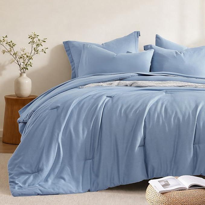 【FallPickDeals】Monbix Queen Size Bed Cover Set - 7-Piece Cationic Dyeing Microfiber Quilt Set with Double-Sided Pocket Storage, Soft Texture, Sheets, Pillowcases & Shams, Reversible Bedding