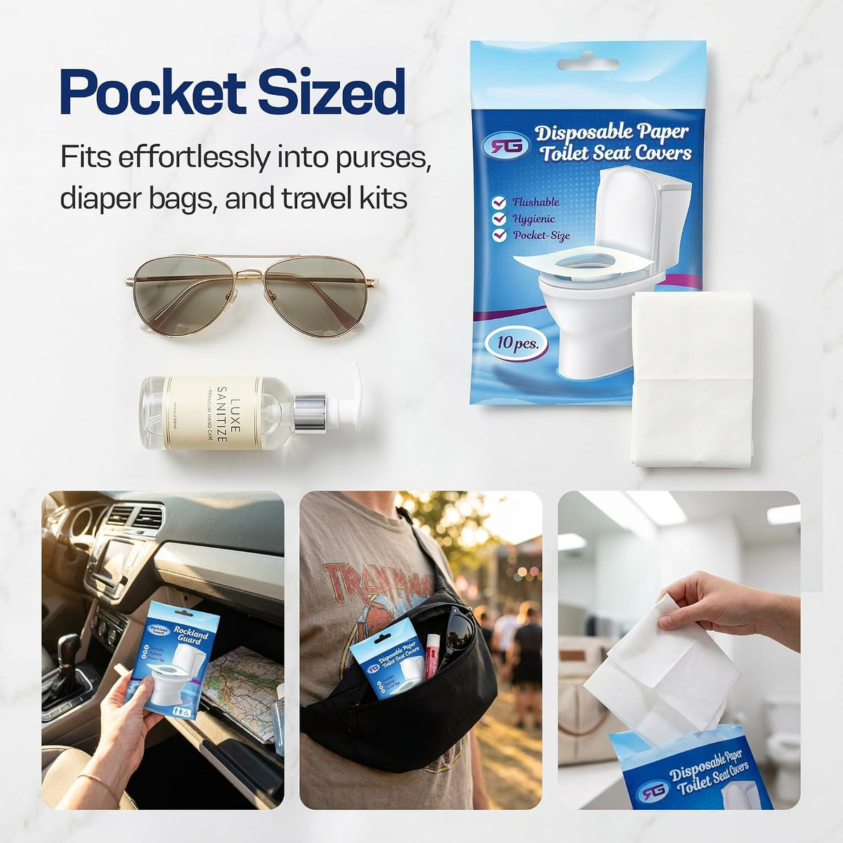 Rockland Guard Disposable Toilet Seat Covers - Flushable Paper Travel Pack - 50 Count (5 Resealable 10-Packs) - Portable Potty Training & Bathroom Hygiene Essentials for Adults & Kids