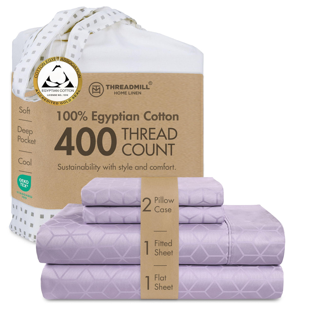Threadmill 400 Thread Count Egyptian Cotton Full Sheet Set, Sateen, Lilac
