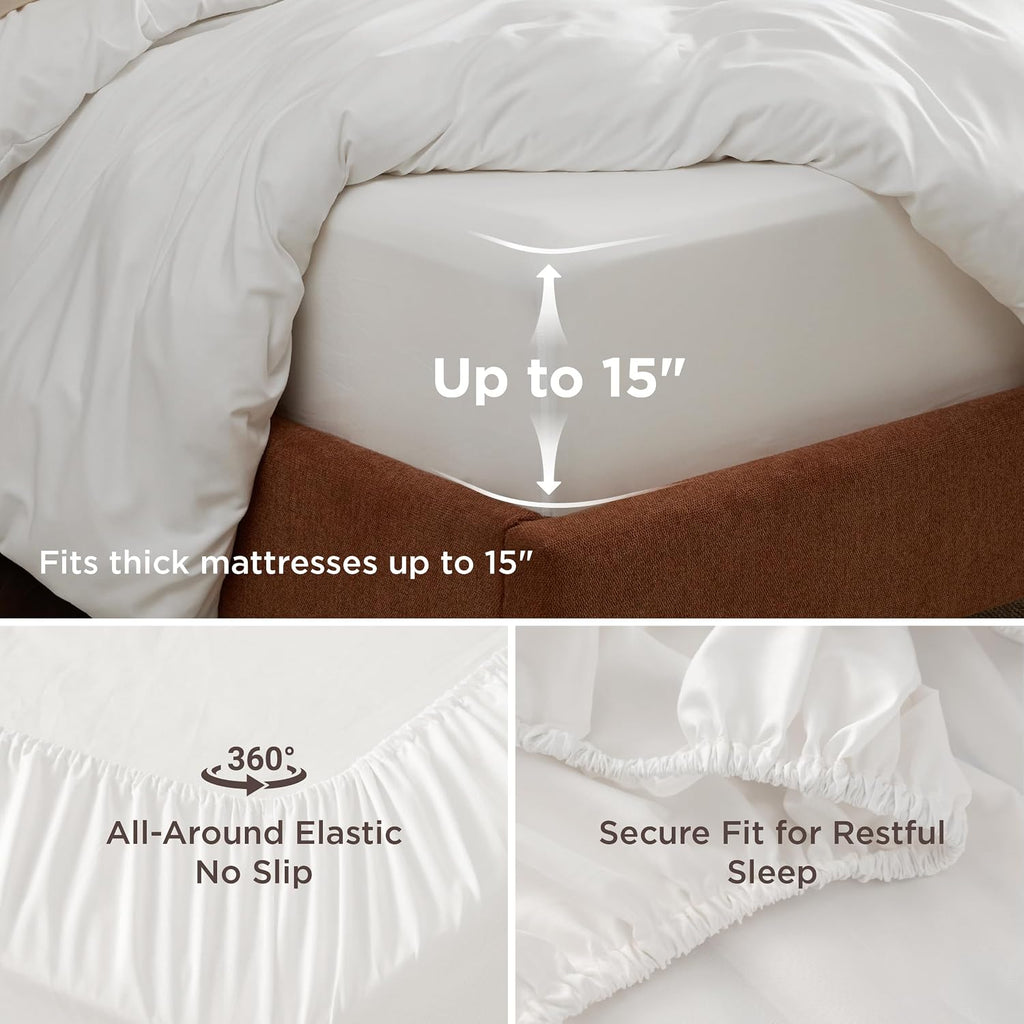 Bedsure Duvet Cover with Fitted Sheet Queen - Deep Pocket, Hotel Luxury Soft Double Brushed Bedding Set with Zipper Closure, 1 Duvet Cover, 1 Fitted Sheet, 2 Pillow Shams, NO Comforter, White