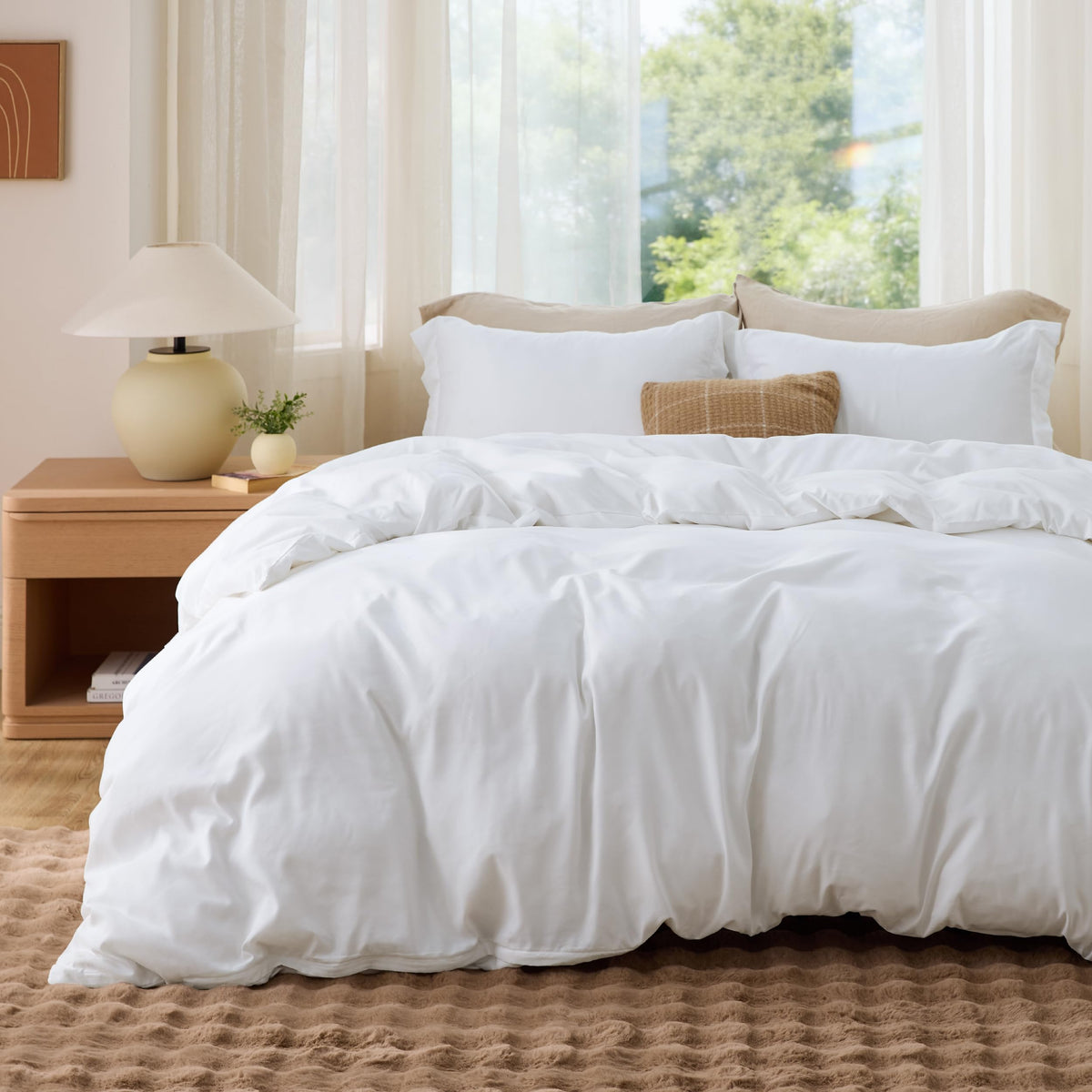 Bedsure Duvet Cover with Fitted Sheet Queen - Deep Pocket, Hotel Luxury Soft Double Brushed Bedding Set with Zipper Closure, 1 Duvet Cover, 1 Fitted Sheet, 2 Pillow Shams, NO Comforter, White