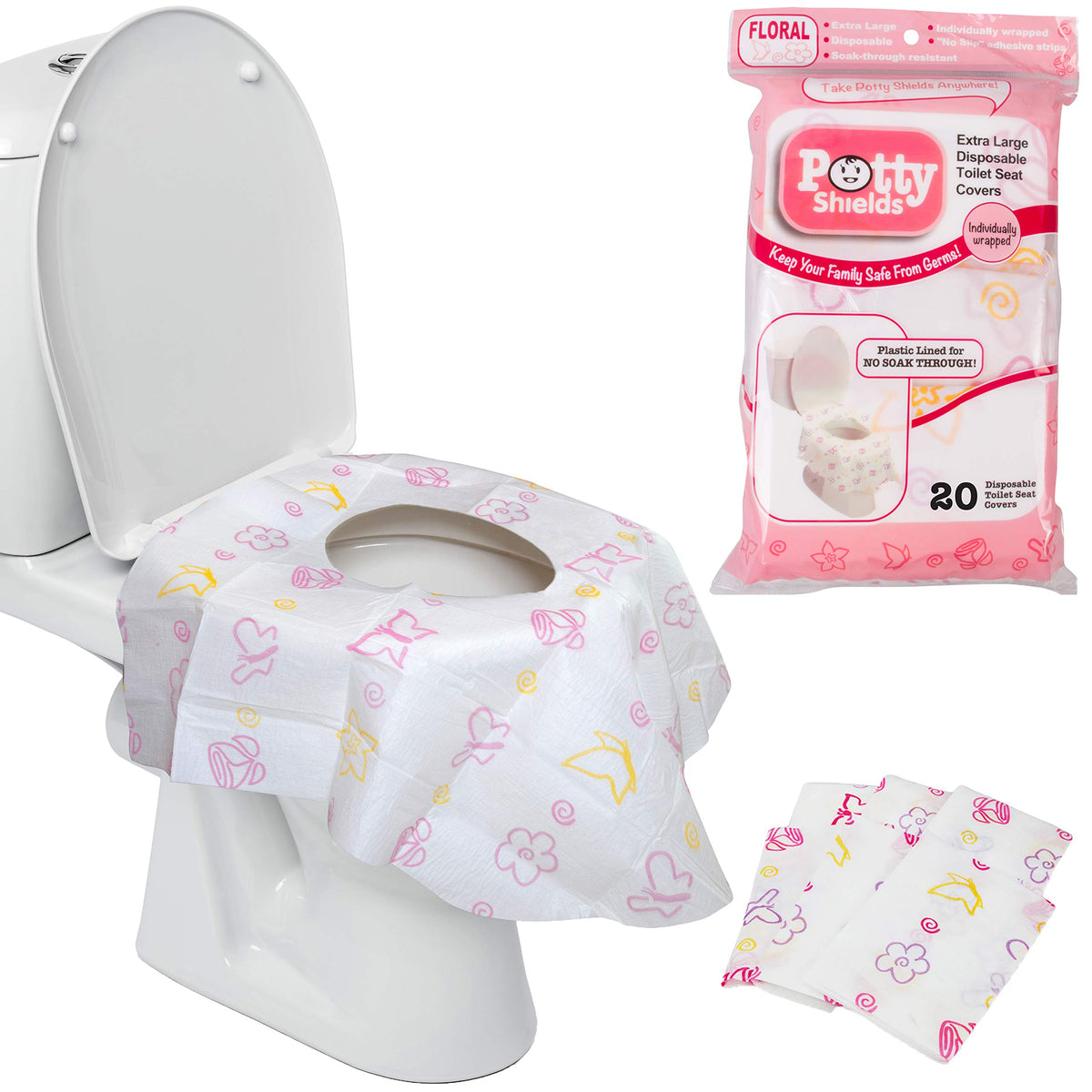 Potty Shields Waterproof Disposable Toilet Seat Covers, Floral 40 Pack