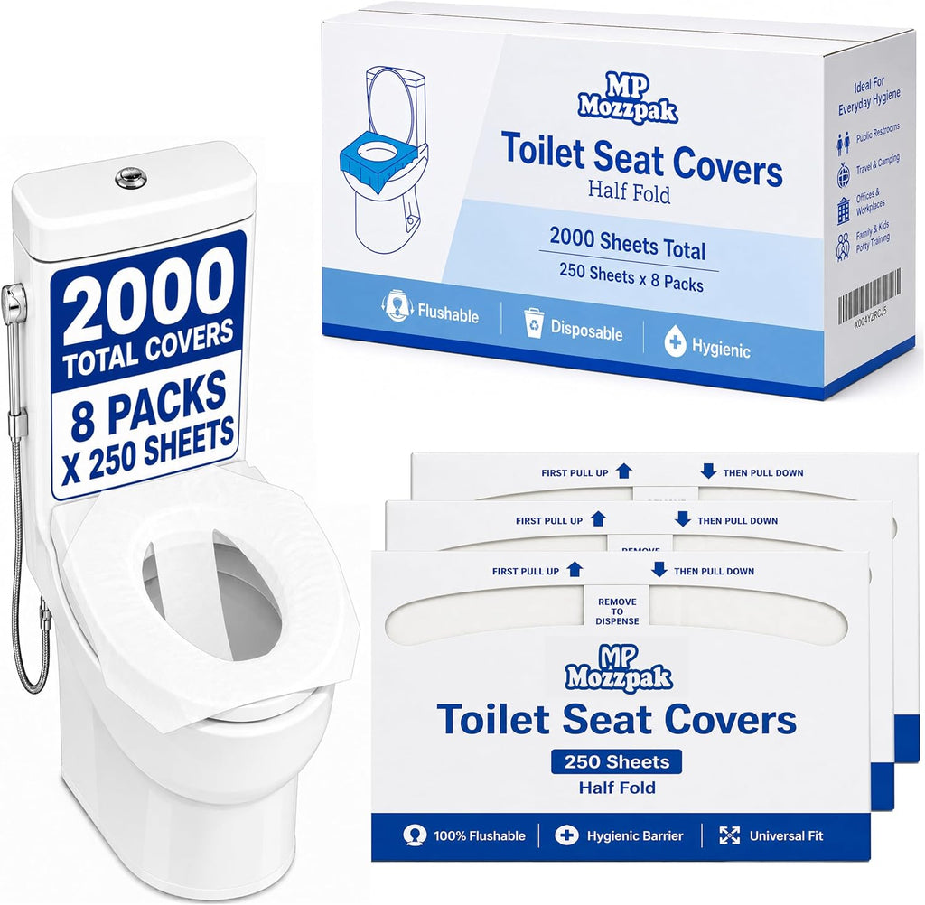 MP MOZZPAK Toilet Seat Covers Disposable Flushable – 2000 Sheets (8 Packs of 250) | Flushable Half-Fold Paper Liners | Hygienic Protection for Public Restrooms, Travel, Hotels, Kids Potty Training