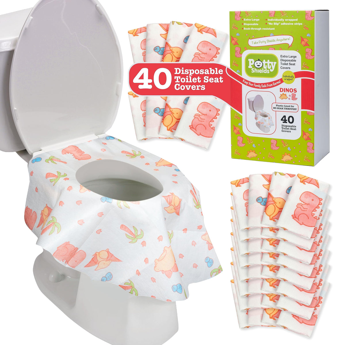 Potty Shields Disposable Toilet Seat Covers, XL Waterproof Sheets, 40 Pack