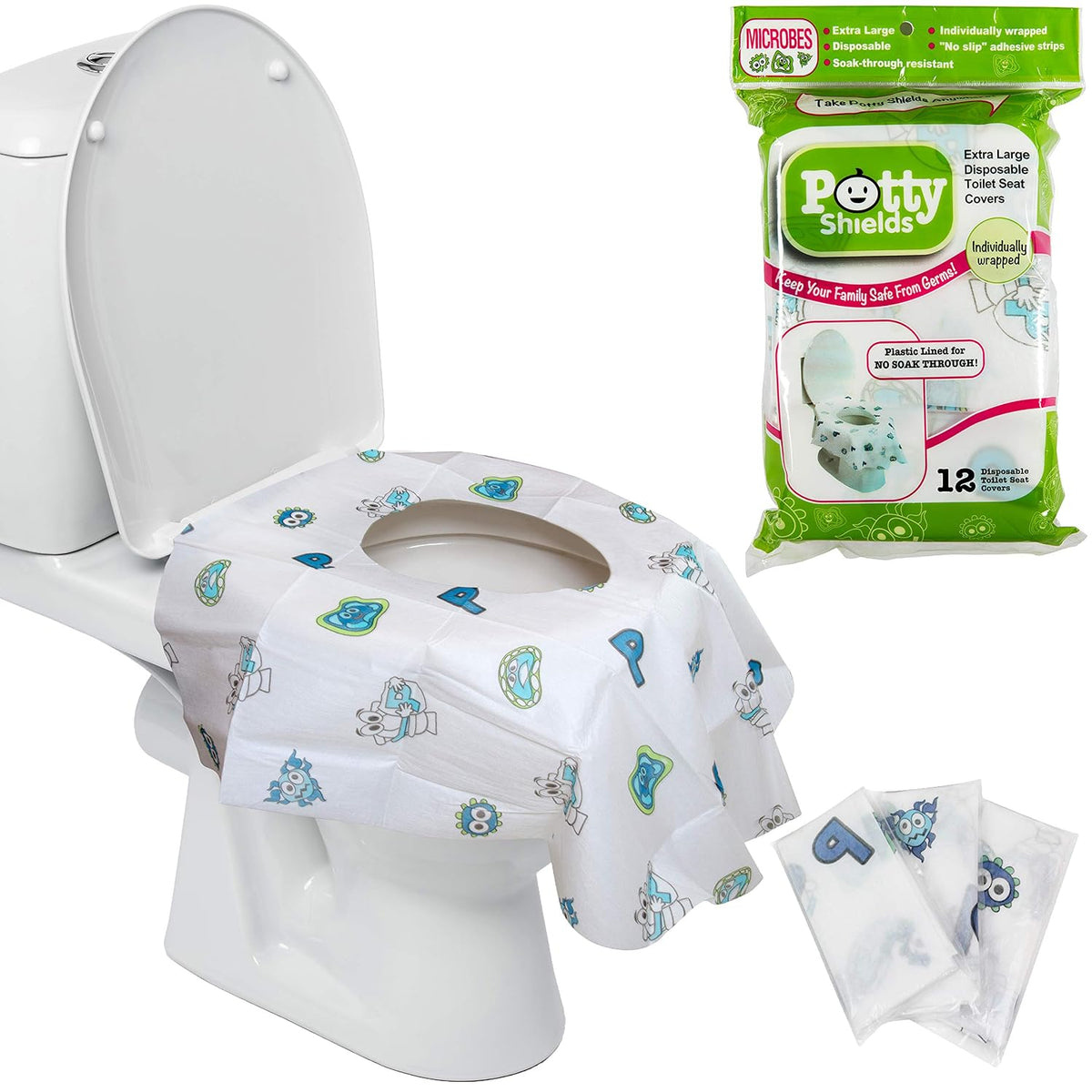 Potty Shields Disposable Toilet Seat Covers, XL Waterproof Sheets, 40 Pack