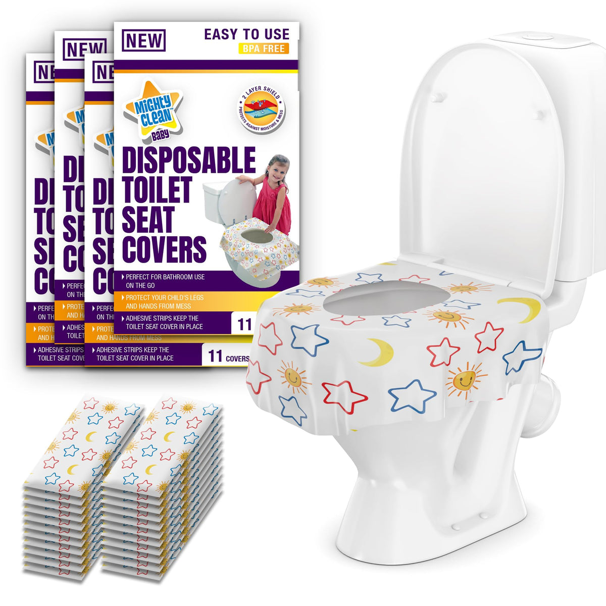 Mighty Clean Baby 22-Pack Disposable Toilet Seat Covers - XL Waterproof Potty Covers for Toddlers, Kids & Adults - Travel, Public Restrooms, Airplane, Potty Training