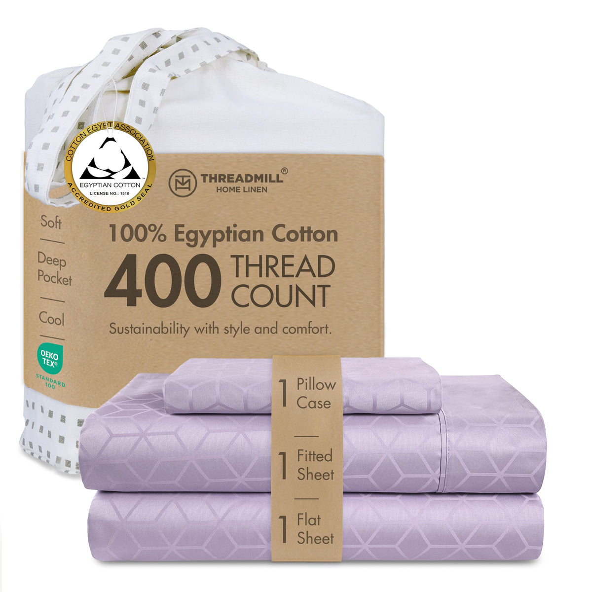 Threadmill 400 Thread Count Egyptian Cotton Full Sheet Set, Sateen, Lilac