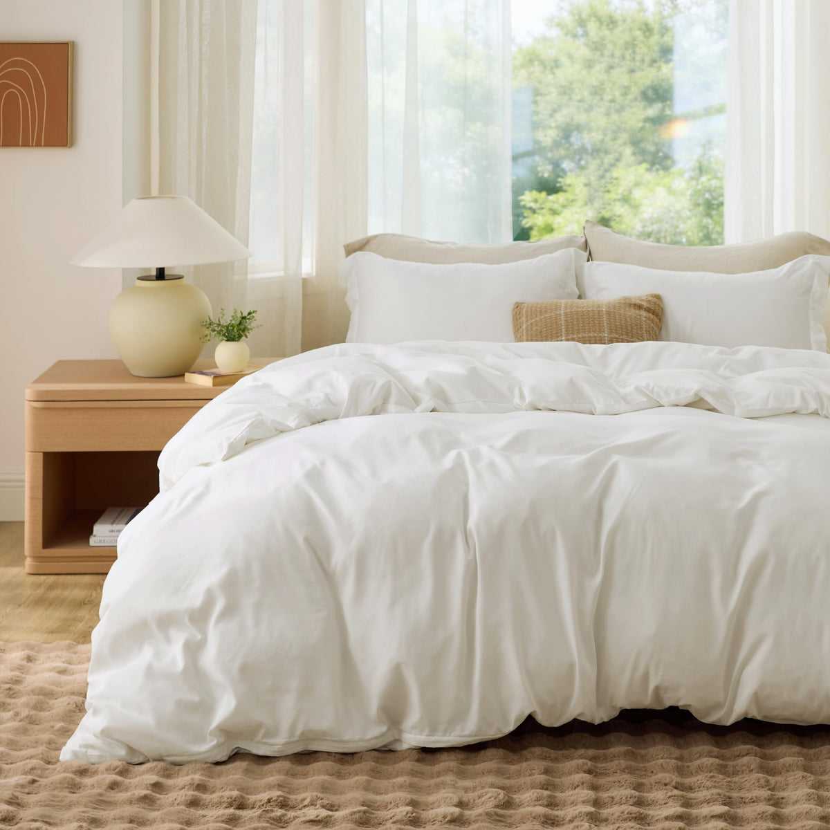 Bedsure Duvet Cover with Fitted Sheet Queen - Deep Pocket, Hotel Luxury Soft Double Brushed Bedding Set with Zipper Closure, 1 Duvet Cover, 1 Fitted Sheet, 2 Pillow Shams, NO Comforter, White