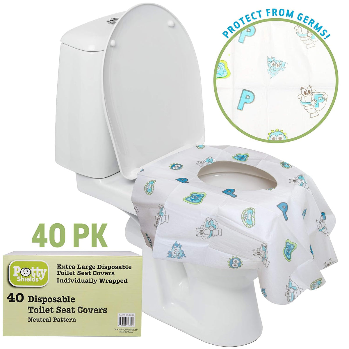 Potty Shields Disposable Toilet Seat Covers, XL Waterproof Sheets, 40 Pack