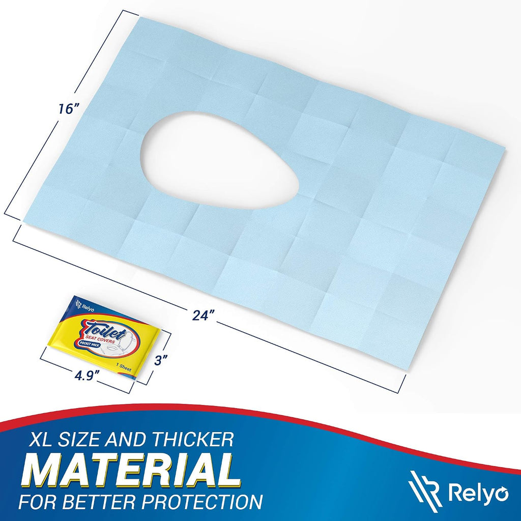 Relyo 20 Pack XL Disposable Toilet Seat Covers – Waterproof Toilet Cover Sheets with Adhesive Tabs for Adults, Kids & Toddlers, Travel, Public Restrooms, Airplane, Camping