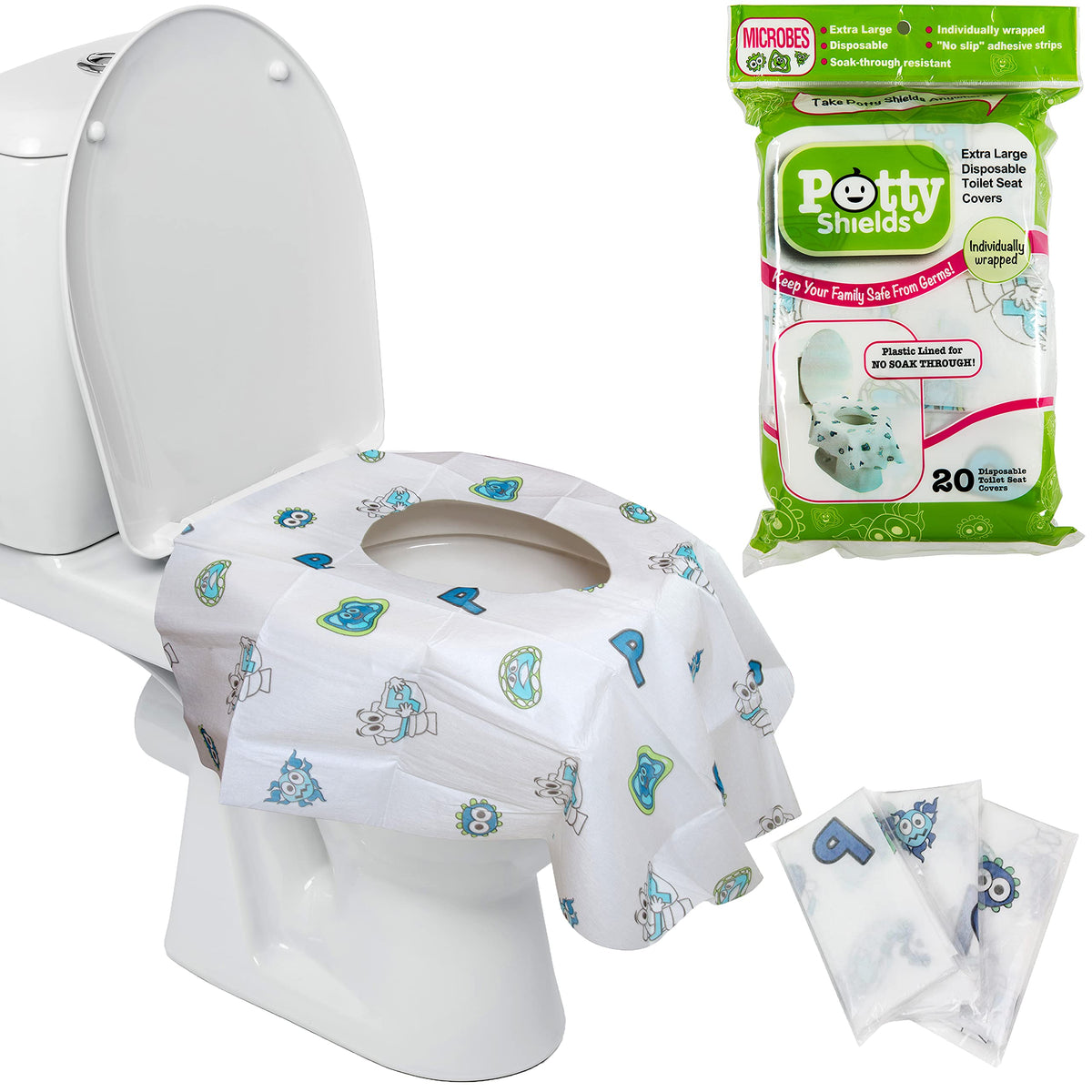 Potty Shields Disposable Toilet Seat Covers, XL Waterproof Sheets, 40 Pack