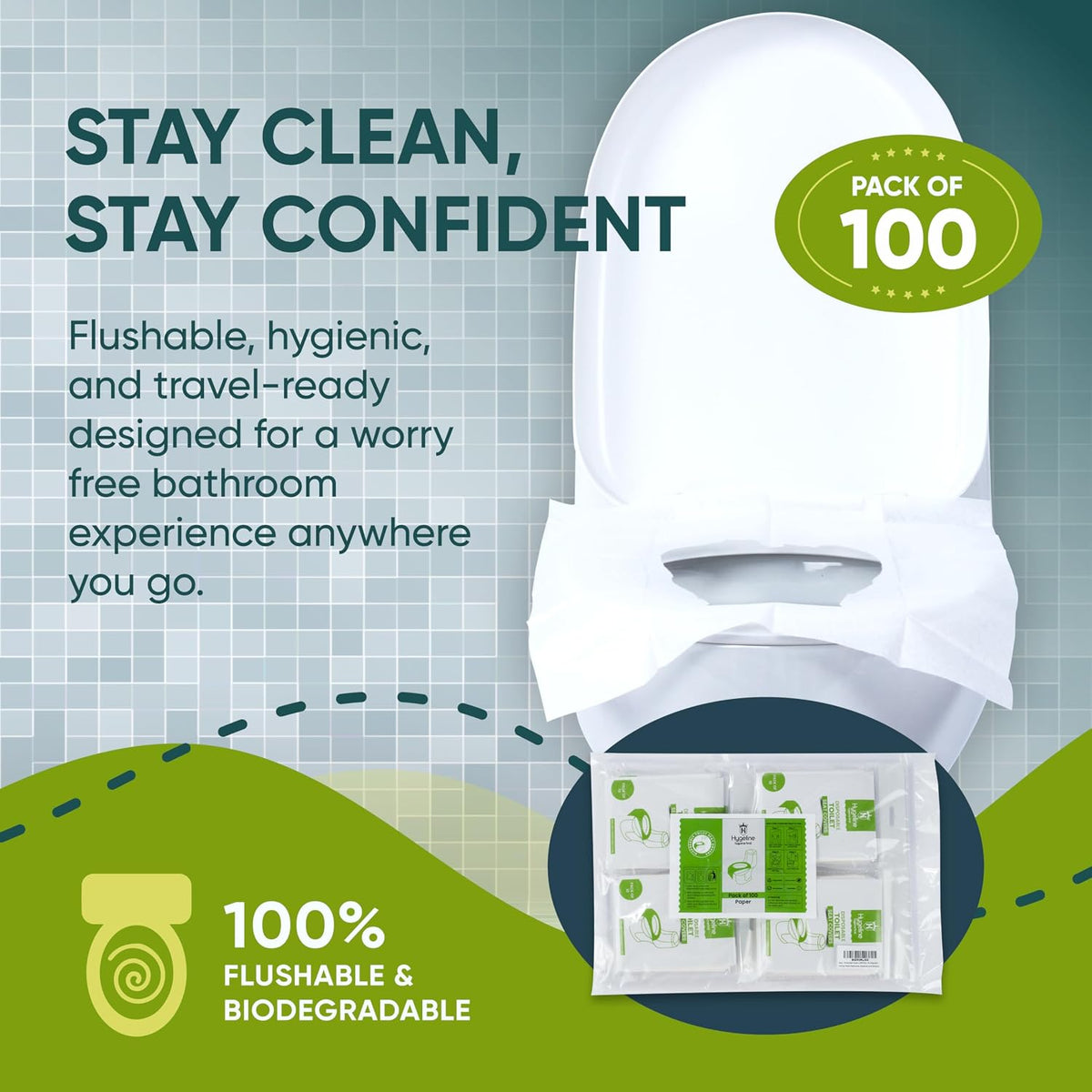 Pack 100 Disposable Toilet Seat Covers Flushable 100% Biodegradable Paper Material | Travel Toilet Seat Covers for Adults and Potty Training, Premium Toilet Seat Liners for Public Restrooms