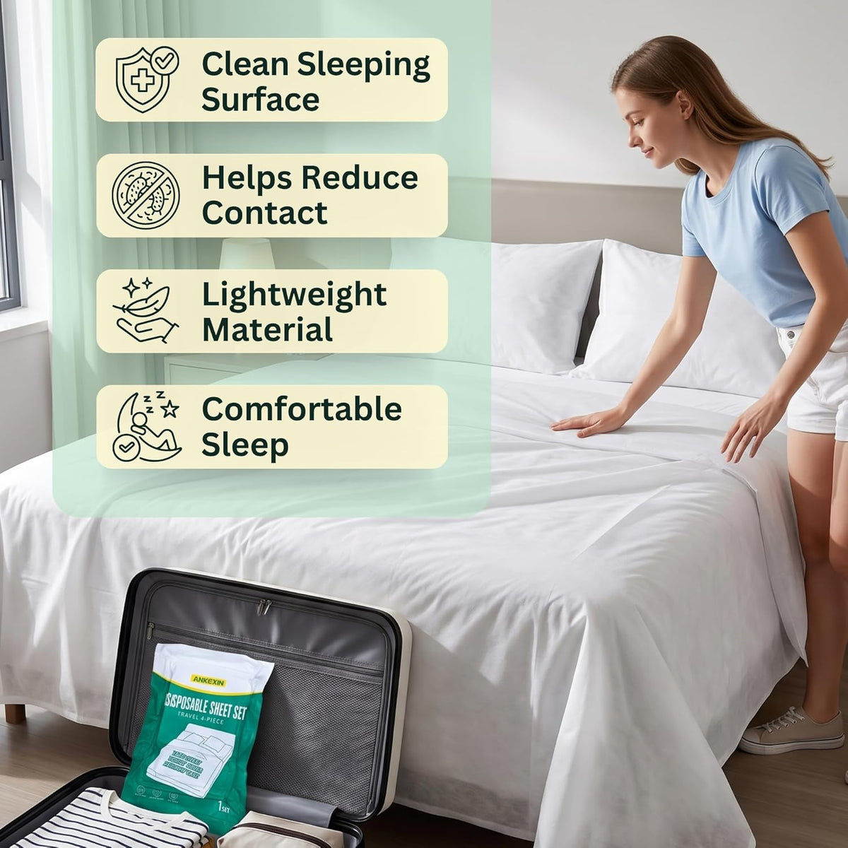 Disposable Bedding Set 2 Pack, Queen Size Portable Bed Sheets Set for Travel, Includes Flat Sheet, Duvet Cover and Pillowcases, Lightweight Disposable Bed Sheets for Hotel and Business Trips