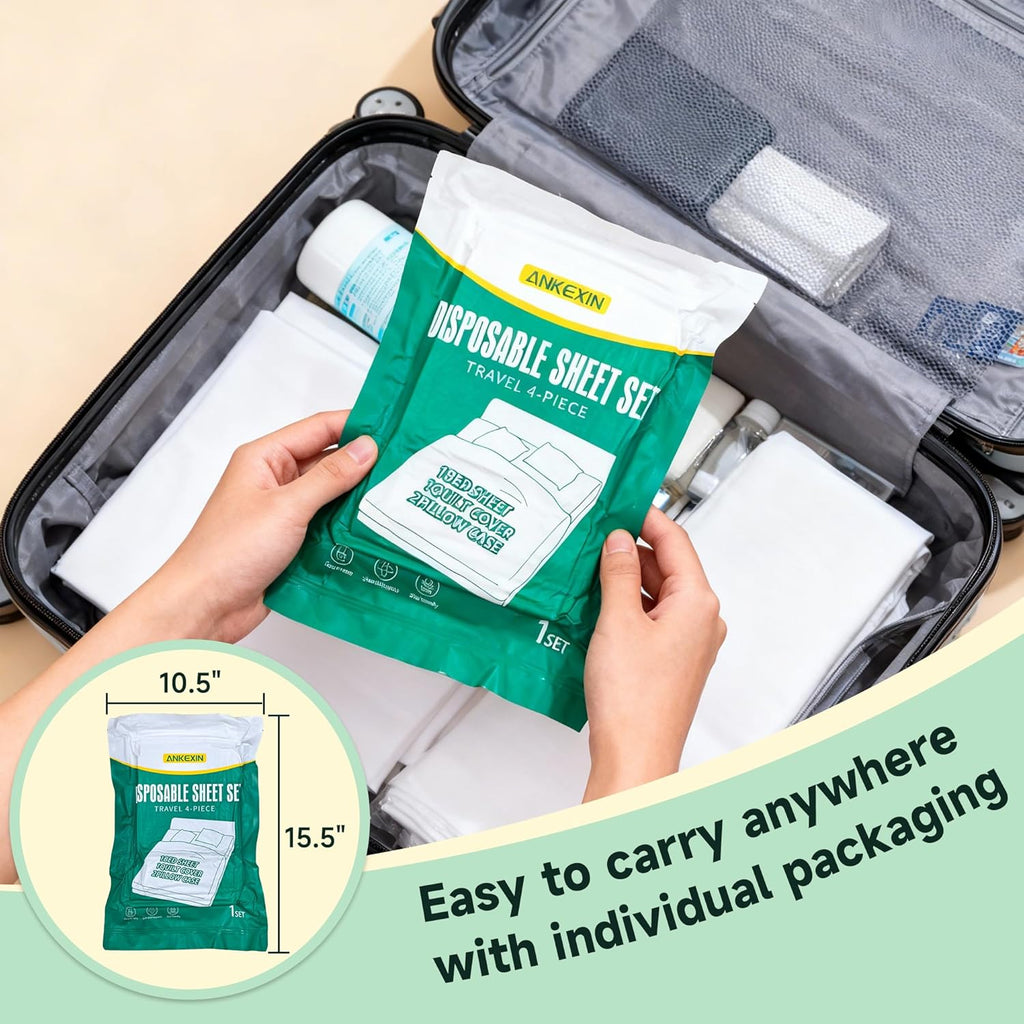 Disposable Bedding Set 2 Pack, Queen Size Portable Bed Sheets Set for Travel, Includes Flat Sheet, Duvet Cover and Pillowcases, Lightweight Disposable Bed Sheets for Hotel and Business Trips