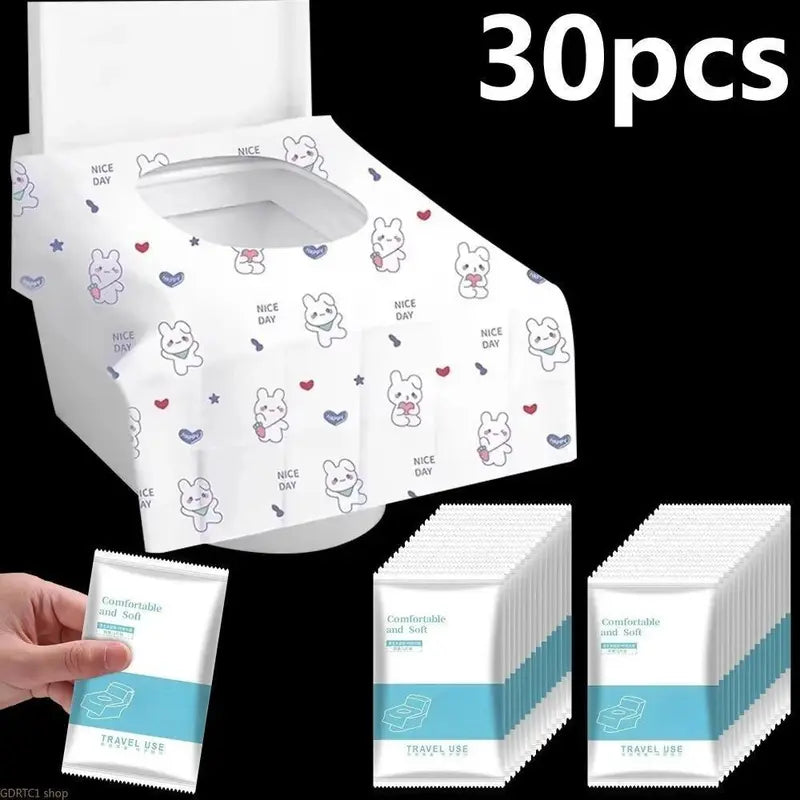 2026 New Portable 30Pcs Disposable Toilet Seat Covers - Cute Rabbit & Heart Pattern, Extra Long & Wide Public Toilet Guard, Fresh Each Time for Travel & Airplane