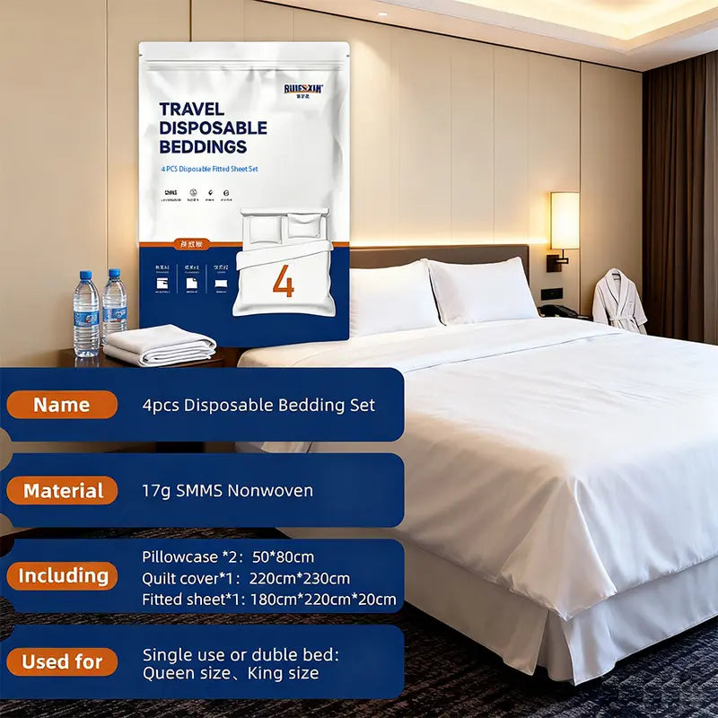 4PCS Disposable Bedsheets Set - Non-Woven Fabric, Soft, Modern, Wash-Free, Lightweight & Portable Single-Use Bedding with Fitted Cover, Pillowcases, Hotel-Style for Travel, Camping
