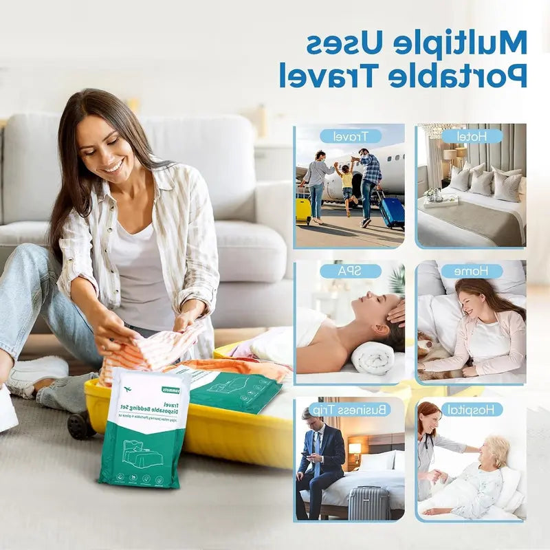 Disposable Bed Sheets for Hotel, King Size Travel Bedding Set, Disposable Duvet Comforter Cover, Safe and Portable for Travel, Includes 2 Bed Sheets, 2 Quilt Covers and 4 PillowcasesGift