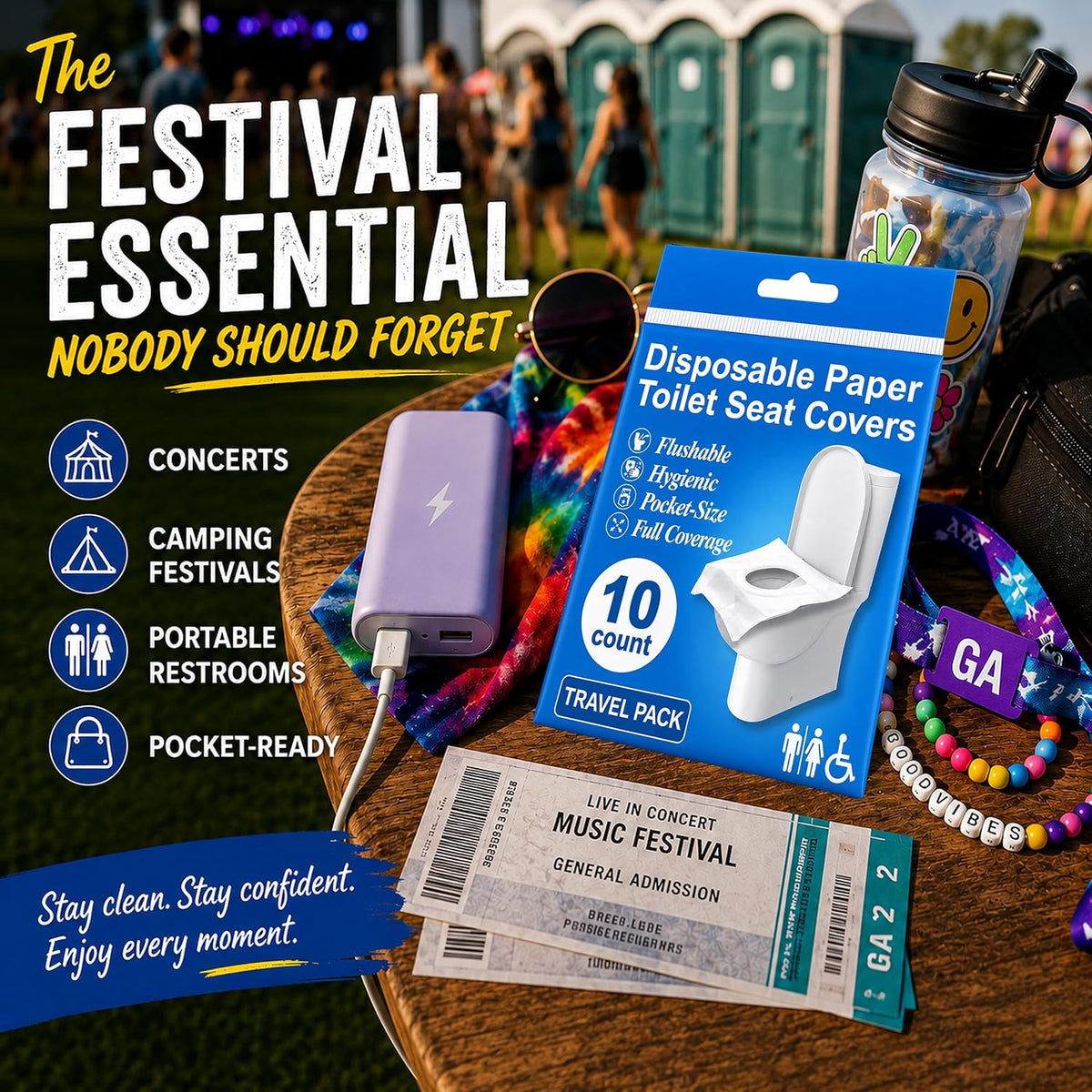 Disposable Toilet Seat Covers Flushable XL 50 Pack – Adults & Kids Potty Training Travel Toilet Seat Cover – 100% Biodegradable Public Restroom Protection for Airplane, Camping, Festivals