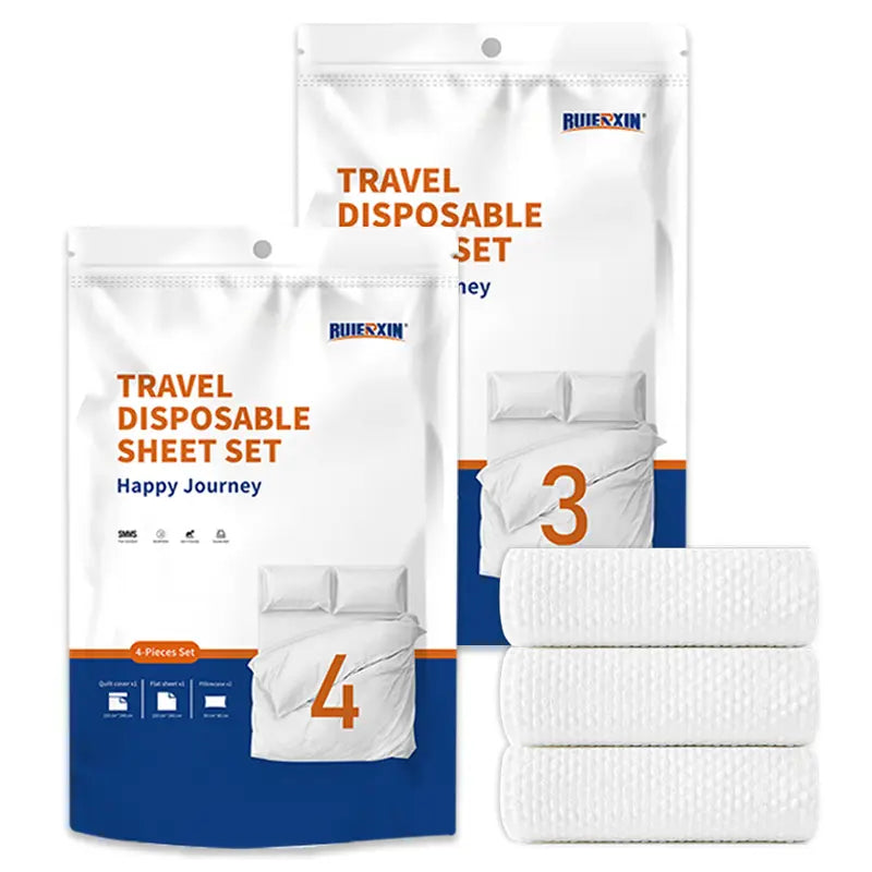 Disposable 4-Piece Bedding Set - 1 Flat Sheet, 1 Duvet Cover, 2 Pillowcases, Soft Skin-Friendly, Lightweight, Travel-Ready, Wash-Free, Plain, All-Seasons Bedding for Emergency Use, Business Trips