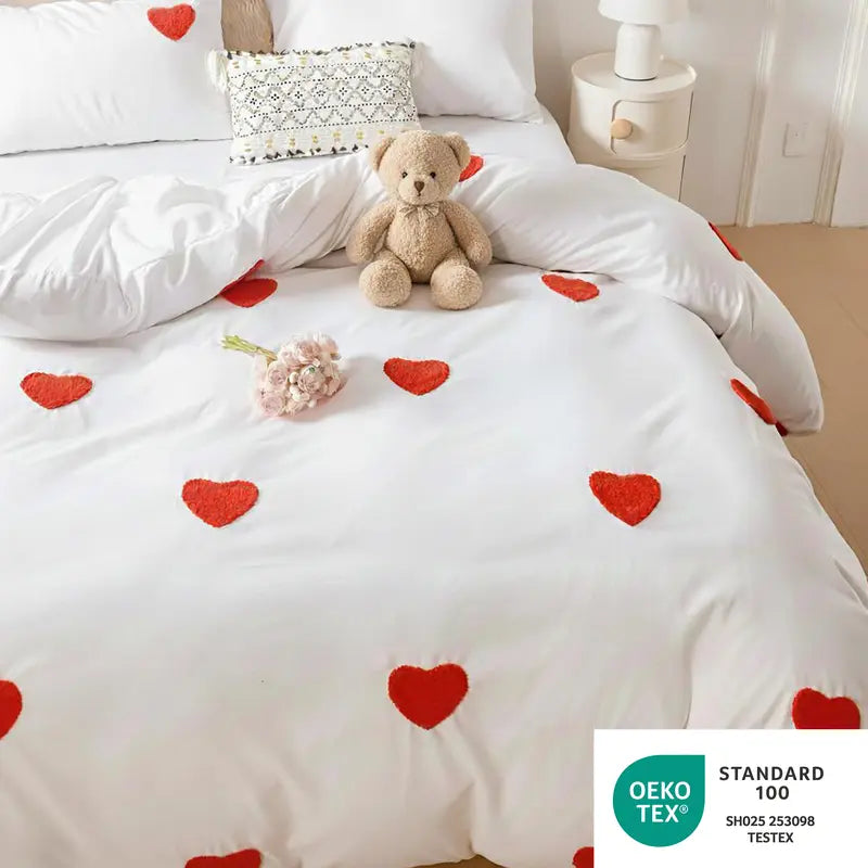 Tufted Heart Embroidered Duvet Cover Set (No Insert), Includes 1 Duvet Cover with Zipper Closure & 1-2 Pillow cases, Soft & Breathable All-Season Comforter Cover , Aesthetic Bedroom Décor, Machine Washable