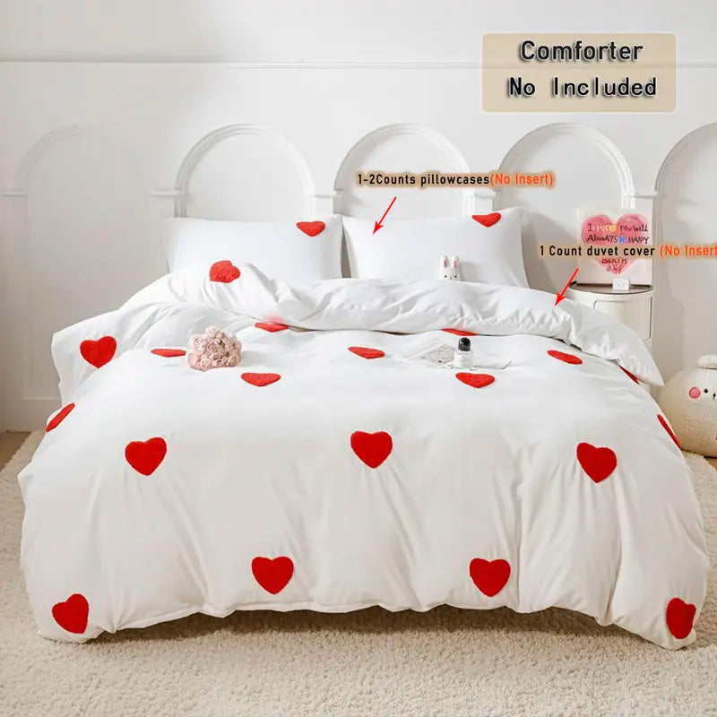 Tufted Heart Embroidered Duvet Cover Set (No Insert), Includes 1 Duvet Cover with Zipper Closure & 1-2 Pillow cases, Soft & Breathable All-Season Comforter Cover , Aesthetic Bedroom Décor, Machine Washable