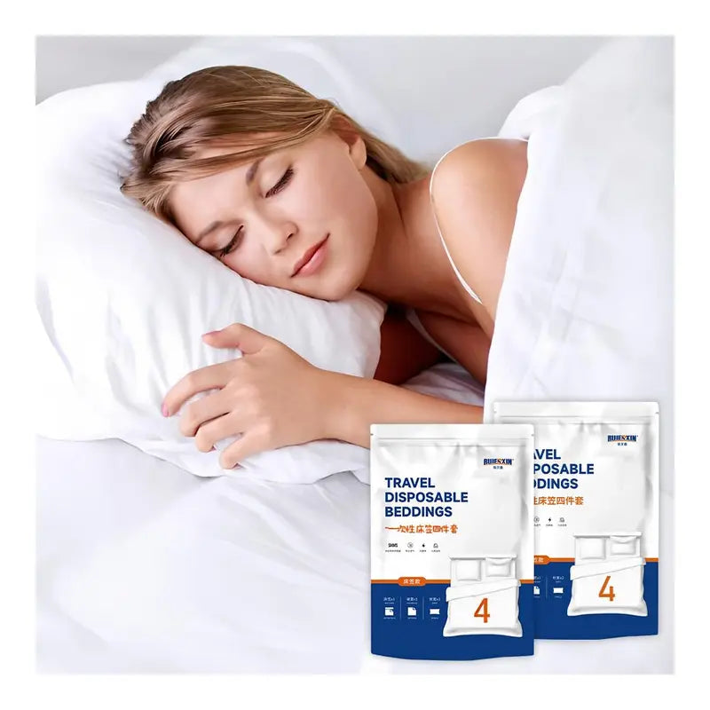 4PCS Disposable Bedsheets Set - Non-Woven Fabric, Soft, Modern, Wash-Free, Lightweight & Portable Single-Use Bedding with Fitted Cover, Pillowcases, Hotel-Style for Travel, Camping