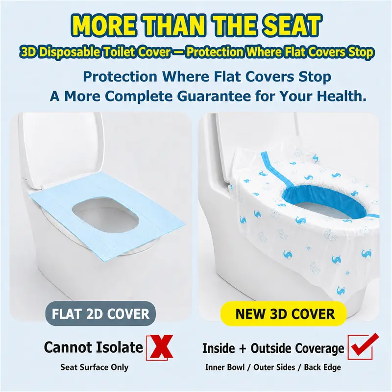 3D Toilet Seat Covers Disposable Sterilized - 360° Full Wraparound | Safe for Adults and Kids Potty Training & Effectively Blocks Germs, Waterproof & Durable & Thick, 28x18" Extra, Individually Wrapped for Travel, Public Restroom, Camping