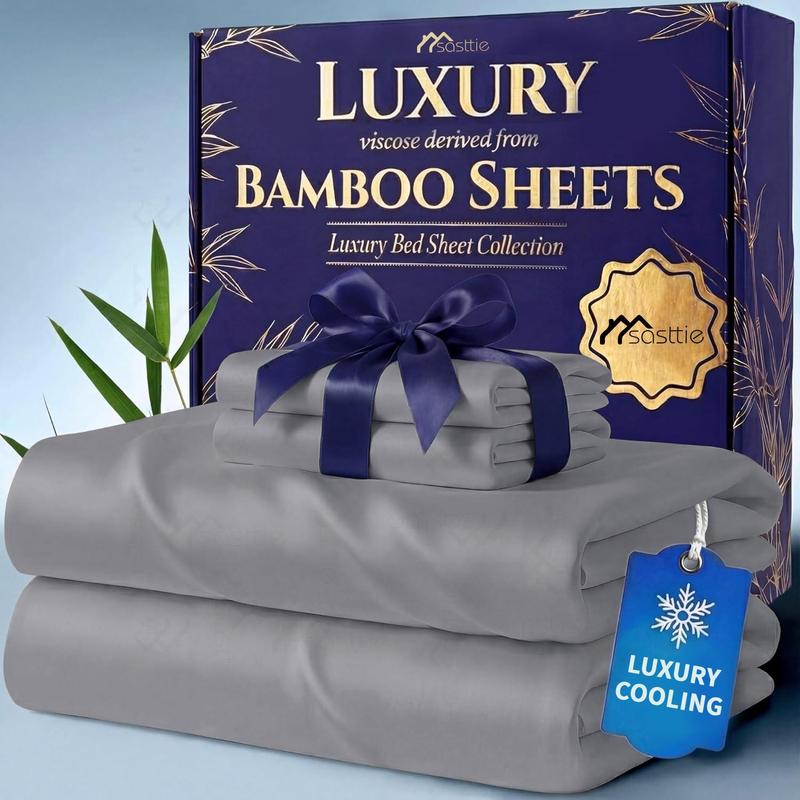 Bamboo Sheet Set with Pillowcases - Comfy Bed Sets, Solid Color Bedsheets, 3/4/6pcs, Extra Deep Pockets, Cooling Effect, Ultra-Soft, Wrinkle-Free, Breathable Hotel Luxury for Hot Sleepers