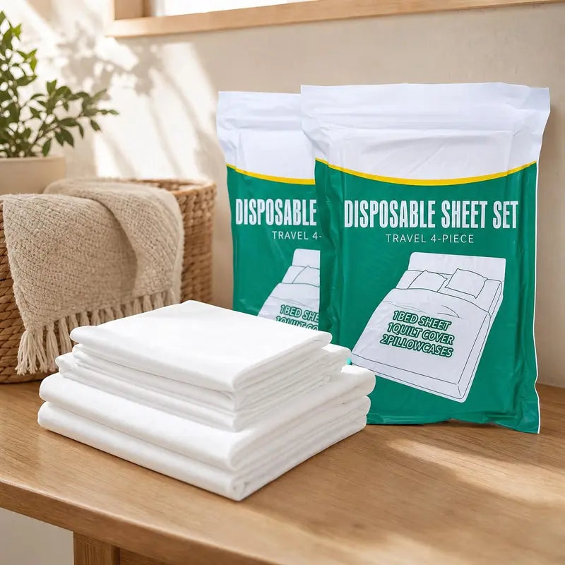 Disposable Bedding Set 2 Pack, Queen Size Portable Bed Sheets for Travel, Includes Flat Sheet, Duvet Cover and Pillowcases, Lightweight for Hotel and Business Trips