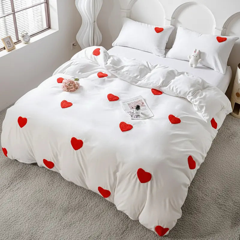 Tufted Heart Embroidered Duvet Cover Set (No Insert), Includes 1 Duvet Cover with Zipper Closure & 1-2 Pillow cases, Soft & Breathable All-Season Comforter Cover , Aesthetic Bedroom Décor, Machine Washable