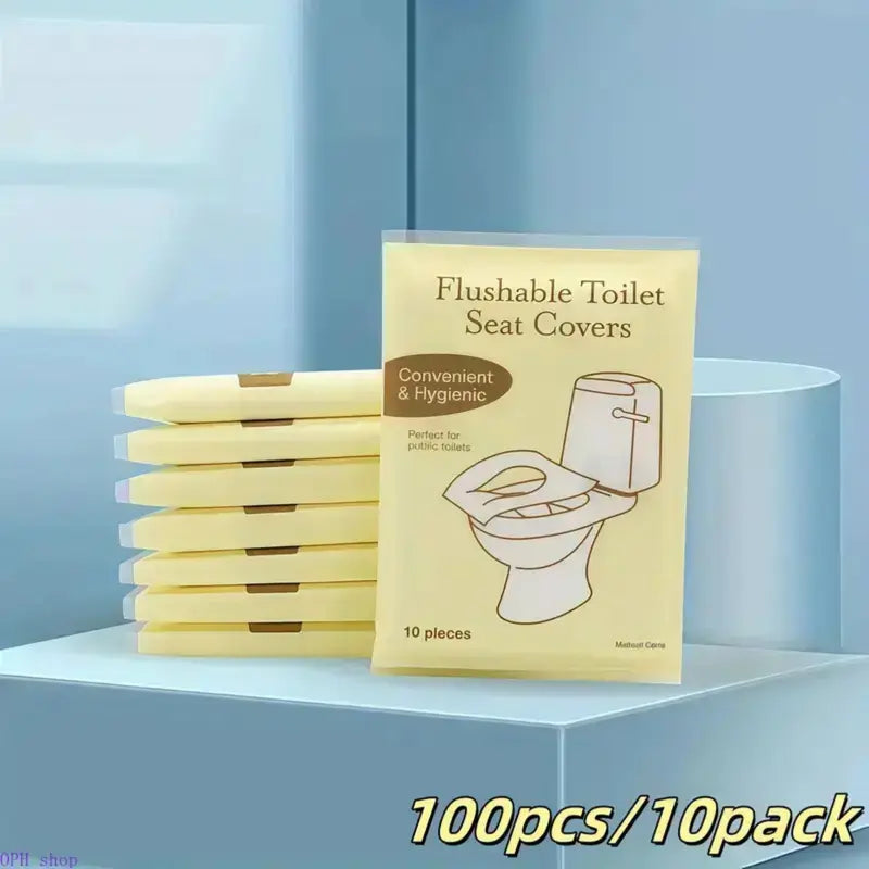Unisex Flushable Disposable Toilet Seat Covers - Practical Travel Water-Soluble Flushable Paper Waterproof Protector Liners, Multi-Pack (10/20/30/50/100-Pcs Sets) Large Bathroom Accessory for Road Trips, Campers, Easy Disposal, Hotels