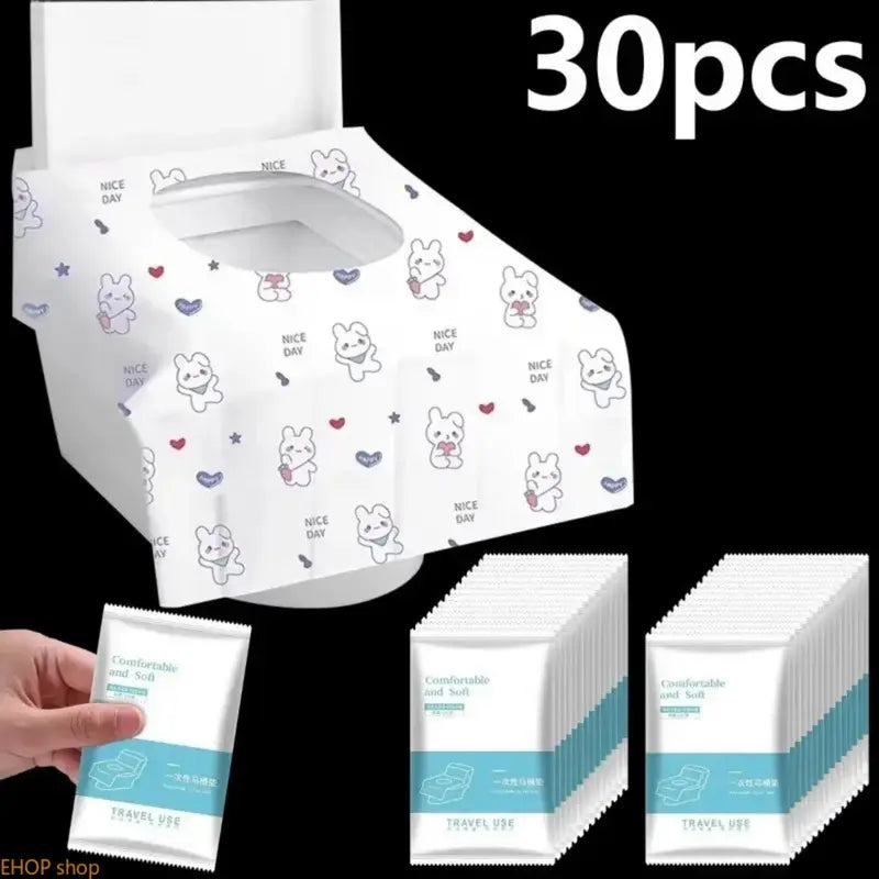 30-Count Disposable Toilet Seat Covers Pack, Waterproof Portable Cute Rabbit Heart Prints One-Size Hygienic Bathroom Liners, Compact Lightweight Travel Accessories for Public Places