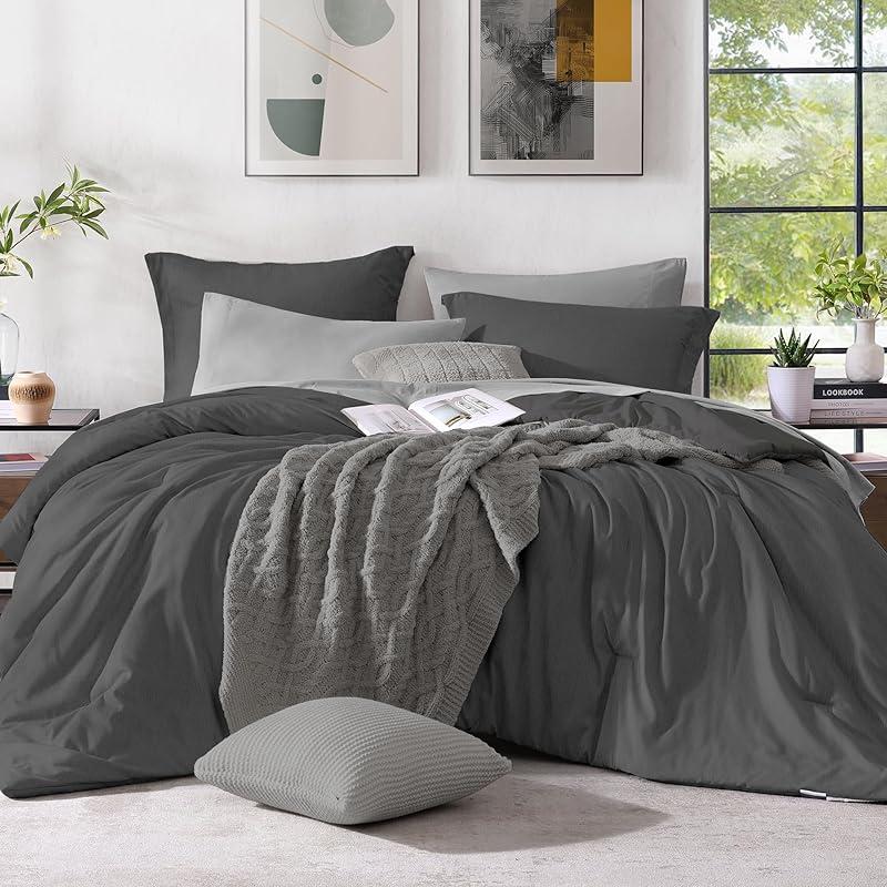 【FallPickDeals】Monbix Queen Size Bed Cover Set - 7-Piece Cationic Dyeing Microfiber Quilt Set with Double-Sided Pocket Storage, Soft Texture, Sheets, Pillowcases & Shams, Reversible Bedding