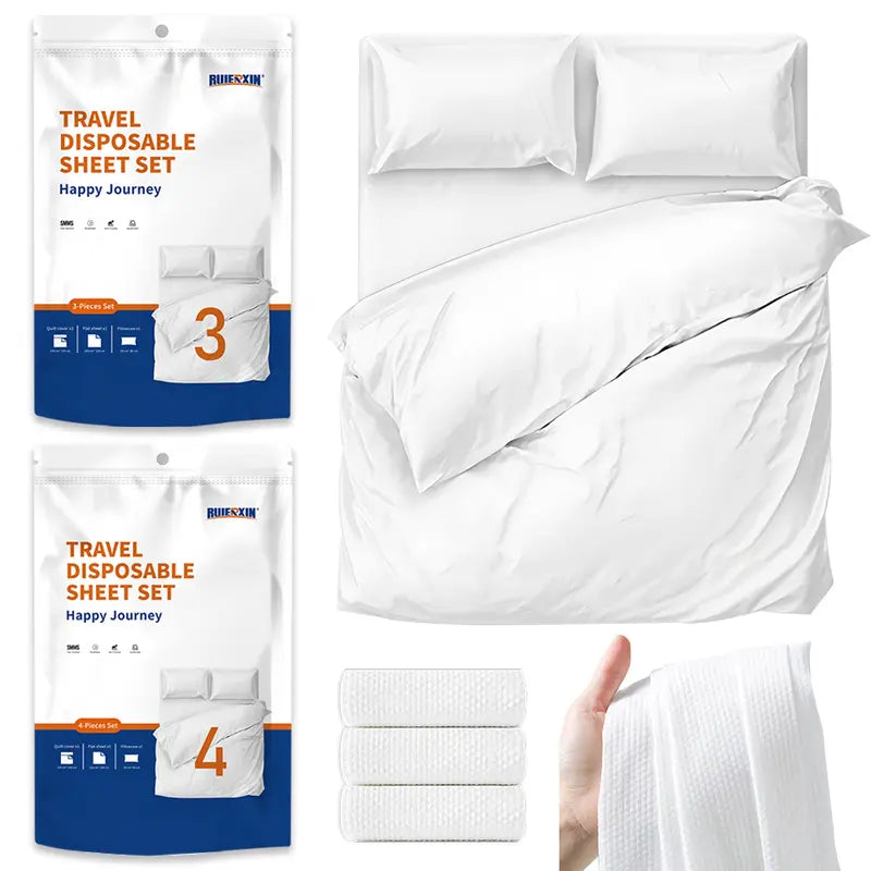 Disposable 4-Piece Bedding Set - 1 Flat Sheet, 1 Duvet Cover, 2 Pillowcases, Soft Skin-Friendly, Lightweight, Travel-Ready, Wash-Free, Plain, All-Seasons Bedding for Emergency Use, Business Trips