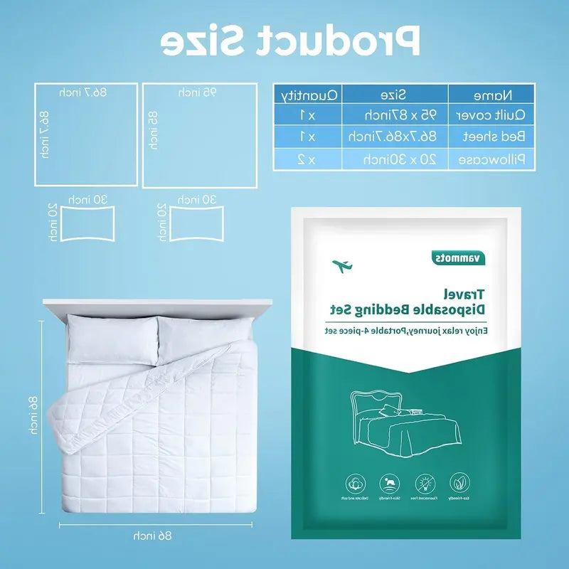 Disposable Bed Sheets for Hotel, King Size Travel Bedding Set, Disposable Duvet Comforter Cover, Safe and Portable for Travel, Includes 2 Bed Sheets, 2 Quilt Covers and 4 PillowcasesGift