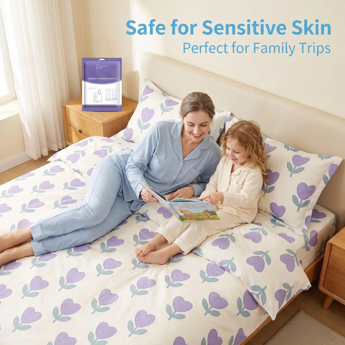 1 Set Thickened SMMS Disposable Bed Sheet Set – Soft Bedding Set 3/4-Piece Travel Hotel Bedding with Tulip Print Options, Stain-Proof Fitted Sheet, Duvet Cover & Pillowcases for Single/Double Bed, Portable for Hotel/Airbnb/Camping/Dorm