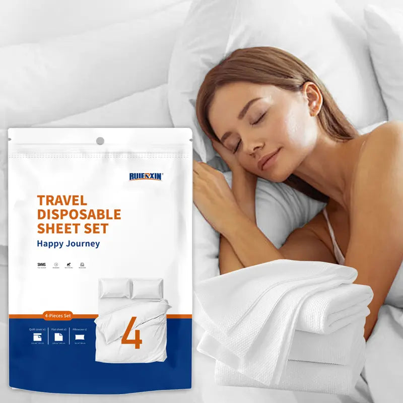 Extra-Large Disposable 4-Piece Bedding Set - Classic, Plain, Soft, Wash Free, Travel Ready, All Seasons, Durable, Individually Packaged, Includes Duvet Cover, Fitted Sheet, 2 Pillowcases, Sanitary, Portable for Business Trips, Camping
