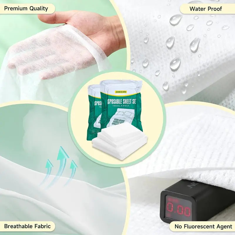 Disposable Bedding Set 2 Pack, Queen Size Portable Bed Sheets for Travel, Includes Flat Sheet, Duvet Cover and Pillowcases, Lightweight for Hotel and Business Trips