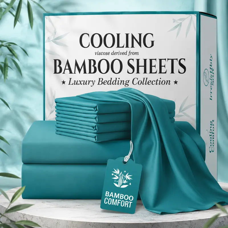 Bamboo Sheet Set with Pillowcases - Comfy Bed Sets, Solid Color Bedsheets, 3/4/6pcs, Extra Deep Pockets, Cooling Effect, Ultra-Soft, Wrinkle-Free, Breathable Hotel Luxury for Hot Sleepers