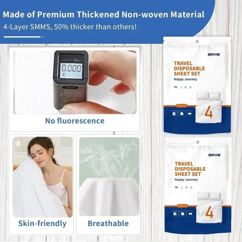 Extra-Large Disposable 4-Piece Bedding Set - Classic, Plain, Soft, Wash Free, Travel Ready, All Seasons, Durable, Individually Packaged, Includes Duvet Cover, Fitted Sheet, 2 Pillowcases, Sanitary, Portable for Business Trips, Camping