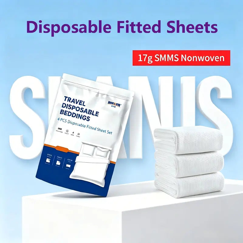 Disposable 4-Piece Bedding Set - Fitted Sheet, 2 Pillowcases, Duvet Cover, Soft, Lightweight Travel, Business Trip Set, Duvet Cover Ready, Fitted Sheet Hold, Light for Your Bag, Ideal for Travel & Hotel Stays