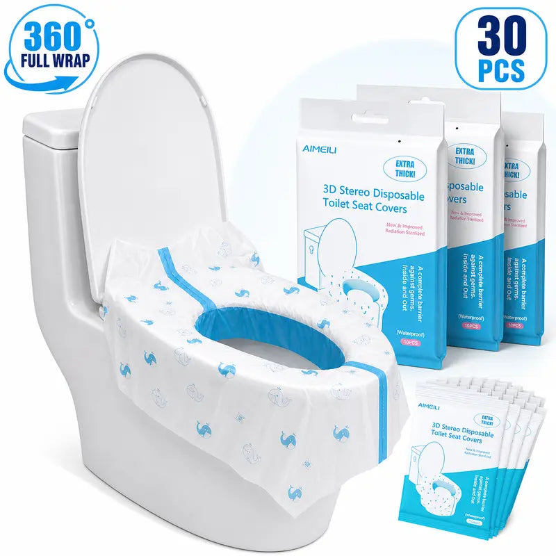 3D Disposable Toilet Seat Covers, 10-Pc Polyethylene Individual Packs, 360° Full-Wrap Thick Waterproof Hygienic XL 28x18in Travel Restroom Potty Liners for Adults/Kids, Potty Training