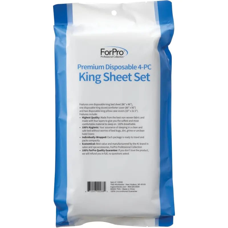 4-Pc King Size Disposable Bed Set - Premium Non-Woven Fabric, Breathable, Tear-Resistant, Compact Travel-Ready Bed-Bug Free Fresh Wrap Pack, Includes Fresh Sheets, Duvet Cover, 2 Pillowcases, White