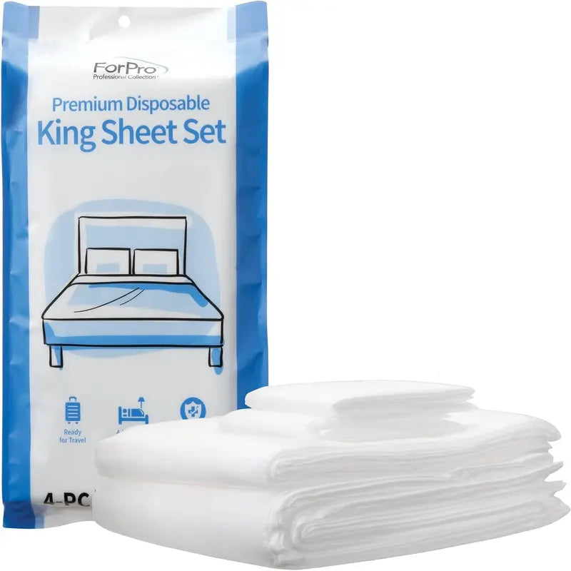 4-Pc King Size Disposable Bed Set - Premium Non-Woven Fabric, Breathable, Tear-Resistant, Compact Travel-Ready Bed-Bug Free Fresh Wrap Pack, Includes Fresh Sheets, Duvet Cover, 2 Pillowcases, White